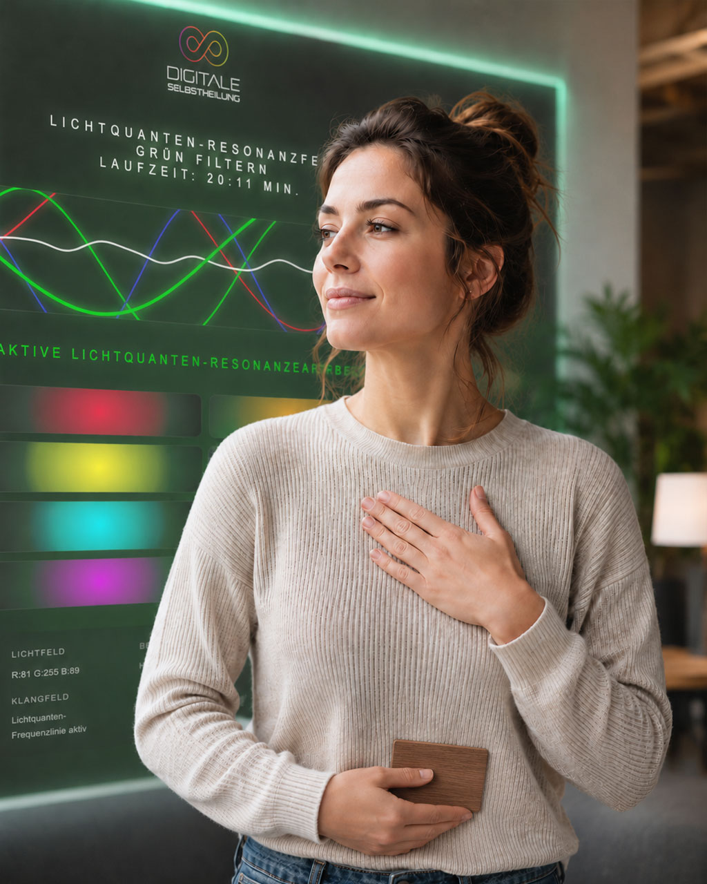 Lichtquantenvideos und Resonanzfelder – Digitale Selbstheilung Frau mit NFC-Karte vor Darstellung eines Lichtquanten-Resonanzfeldes